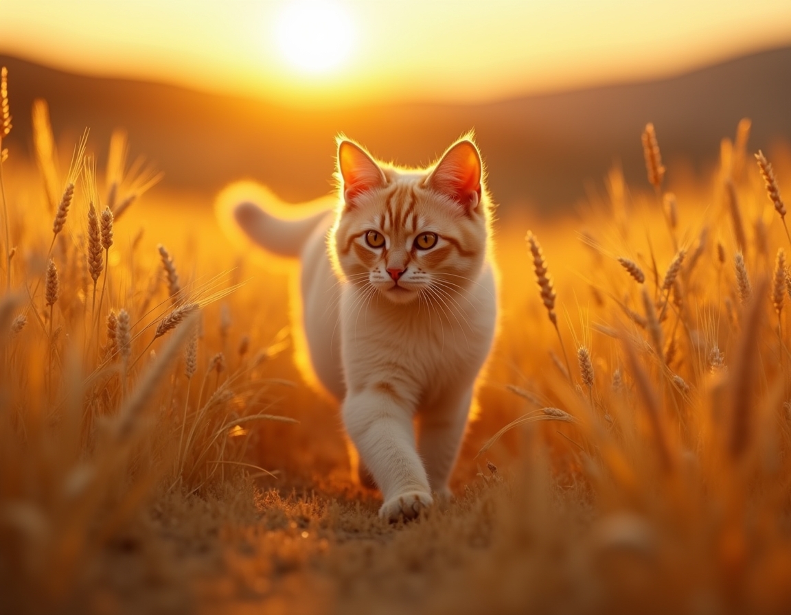 Cat sprints joyfully through a golden field, surrounded by waving wheat and warm light.