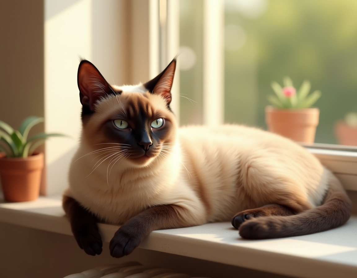 Relaxed cat lies on a sunlit windowsill, its fur glowing in the soft afternoon light. A small potted plant sits nearby, and the blurred background reveals trees outside.