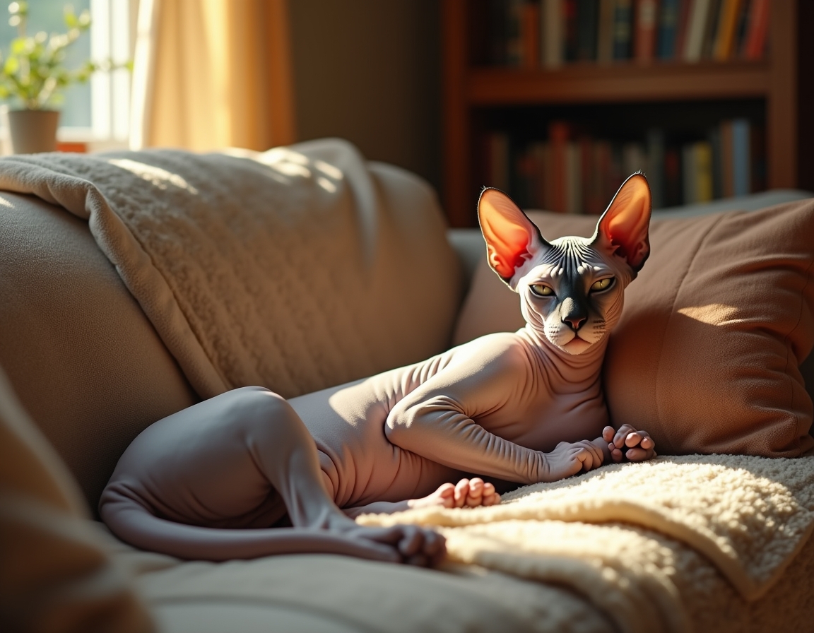 Cat sprawls lazily on a cozy couch, surrounded by decorative pillows and a draped blanket. Soft natural light from a window illuminates its fur, creating a calm, homely atmosphere.