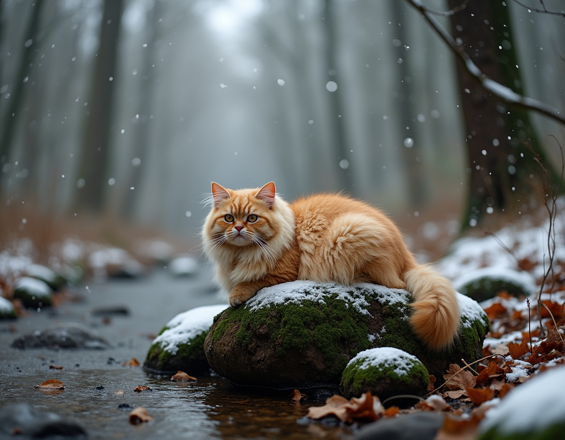 Cat relaxes on a mossy rock in a snowy woodland clearing, surrounded by snow-dusted trees and a peaceful stream, creating a tranquil moment in nature.