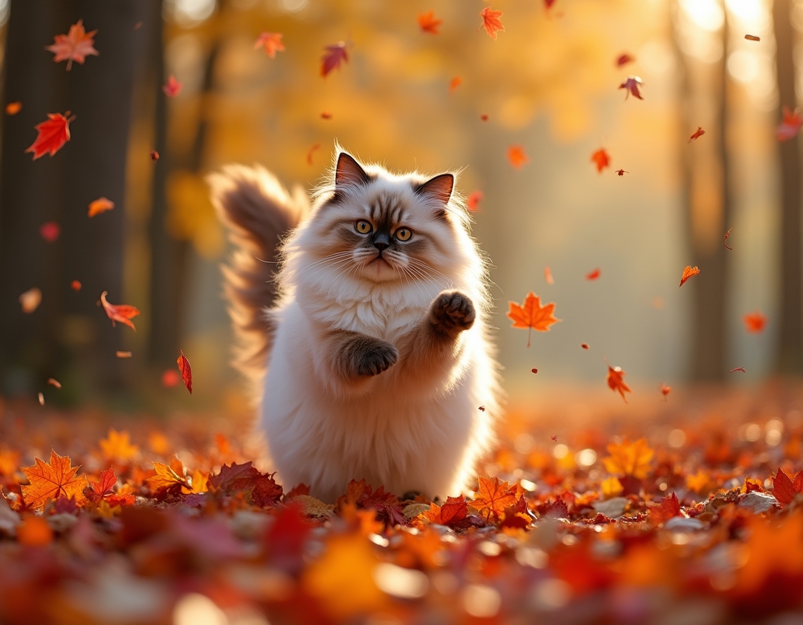 Cat jumps joyfully into a pile of autumn leaves, scattering vibrant colors and radiating playful energy.
