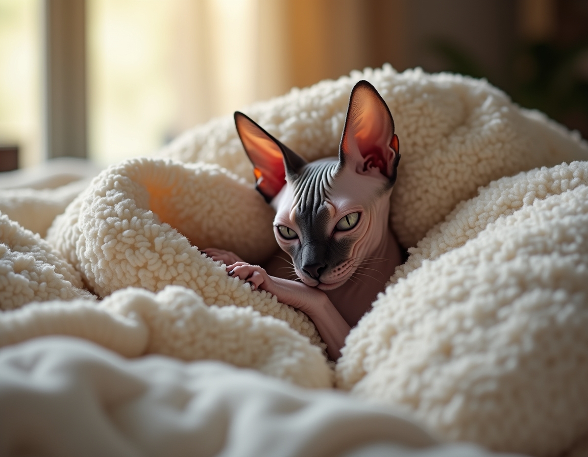 Cat is nestled under soft blankets on a bed, its eyes half-closed in peaceful relaxation. Morning sunlight streams through a nearby window, highlighting the soft textures of the bedding.