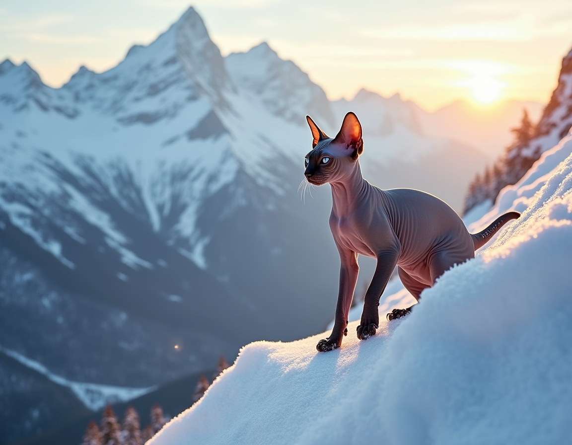 Cat climbs a snow-covered mountain, navigating the icy terrain with determination, surrounded by towering peaks and a breathtaking winter landscape.
