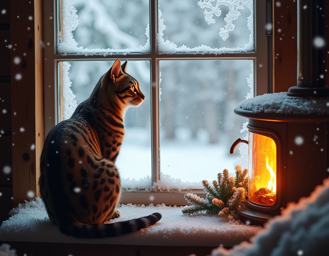 Cat looks out a frosted window at the snowy world outside, while the cozy warmth of the cabin and the glow of the fireplace create a peaceful, inviting atmosphere.