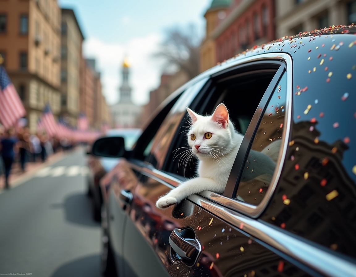 Cat in a celebratory motorcade, enjoying the confetti and cheering crowds during the inauguration parade.