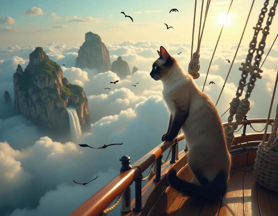 Cat captains a floating pirate ship that navigates between massive cloud-islands. Waterfalls spill over island edges, and mysterious winged creatures soar among the clouds, creating a thrilling, airborne fantasy voyage.