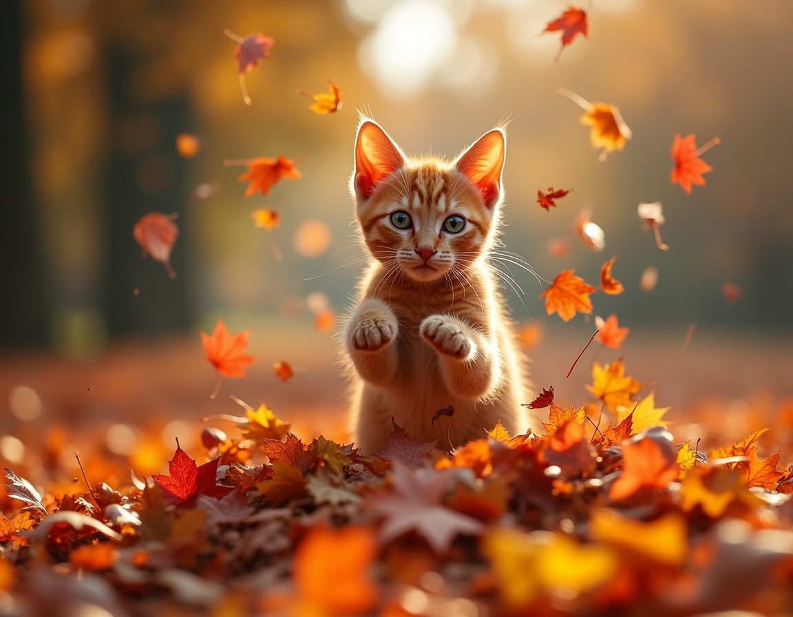 Cat jumps joyfully into a pile of autumn leaves, scattering vibrant colors and radiating playful energy.