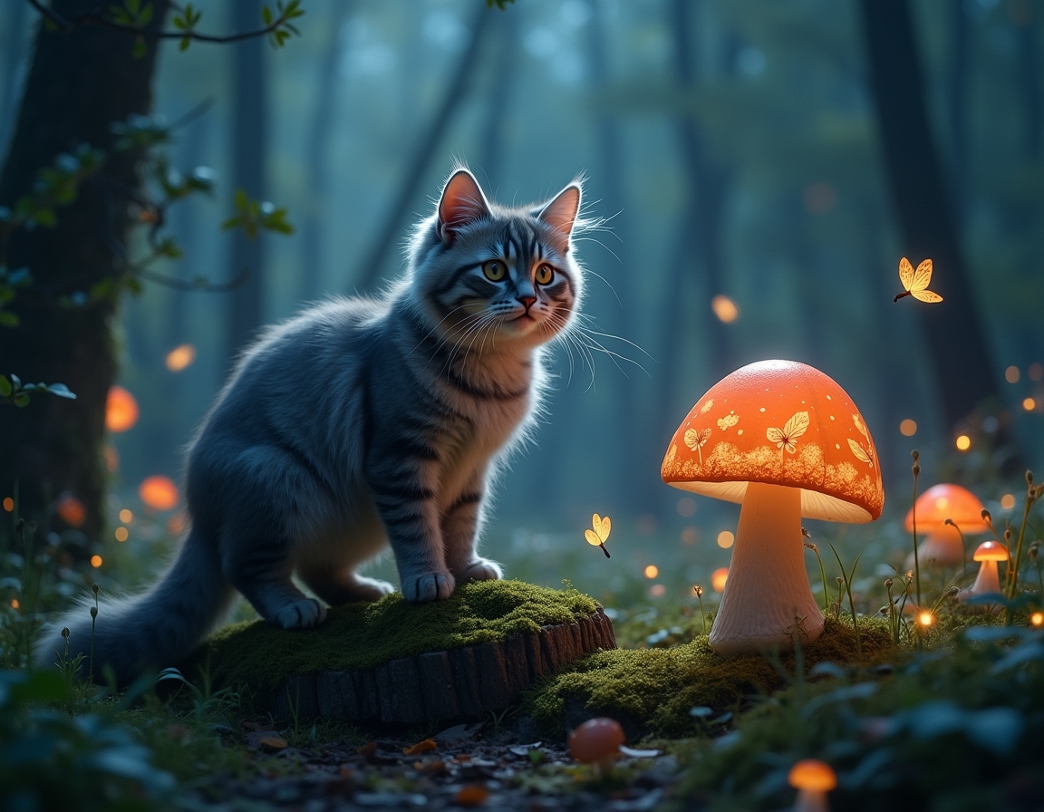 Cat explores a twilight forest alive with bioluminescent mushrooms, sparkling fireflies, and fluttering fairies. The scene captures a sense of enchantment and mystery under the soft glow of moonlight.