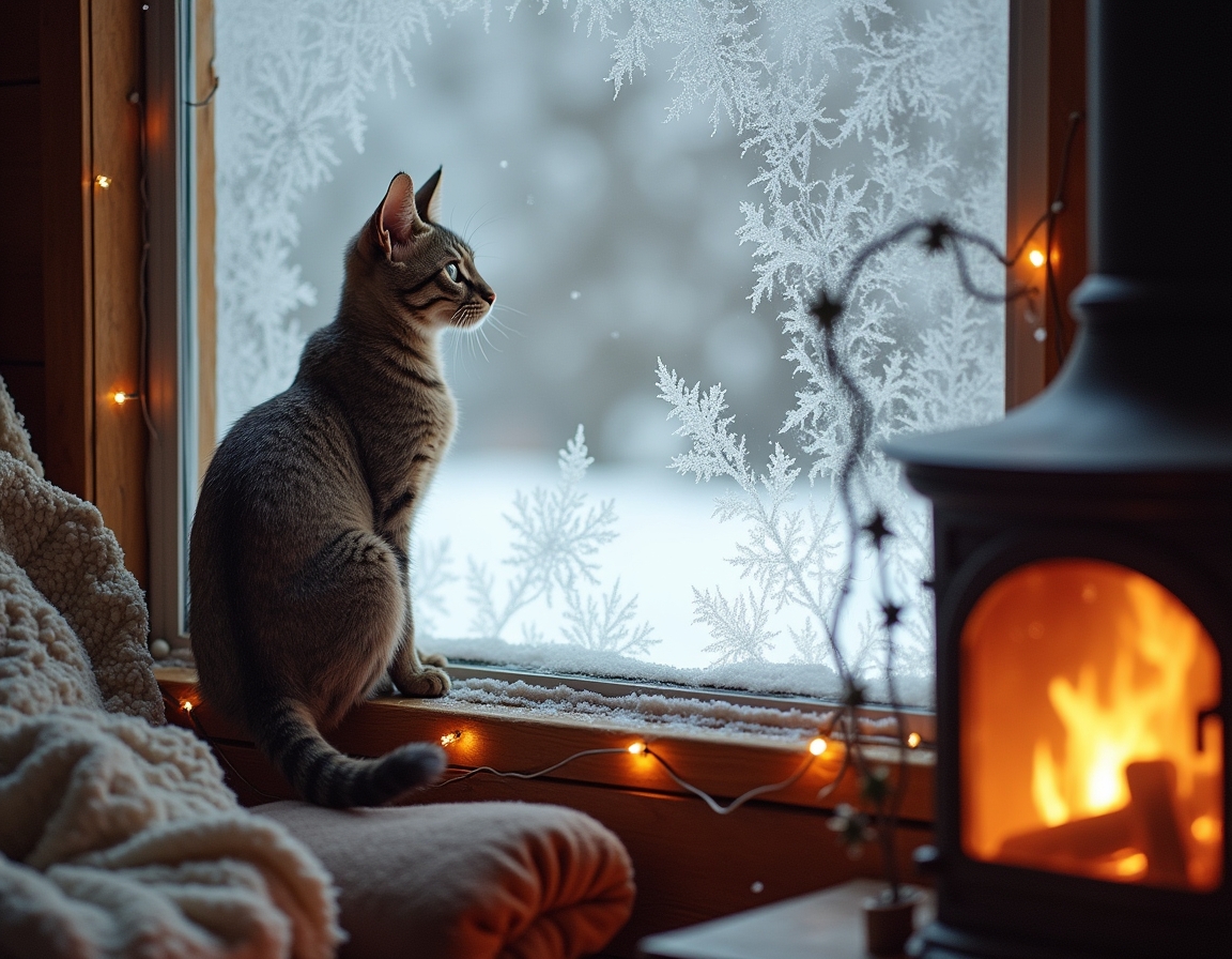 Cat looks out a frosted window at the snowy world outside, while the cozy warmth of the cabin and the glow of the fireplace create a peaceful, inviting atmosphere.