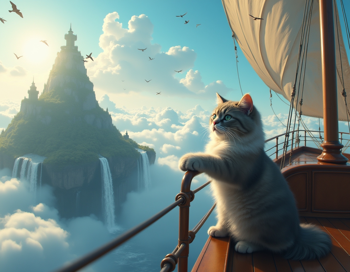 Cat captains a floating pirate ship that navigates between massive cloud-islands. Waterfalls spill over island edges, and mysterious winged creatures soar among the clouds, creating a thrilling, airborne fantasy voyage.
