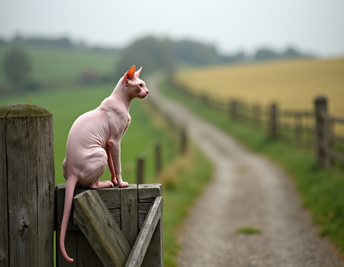 Cat gazes at the quiet beauty of a country road, framed by a weathered wooden gate.