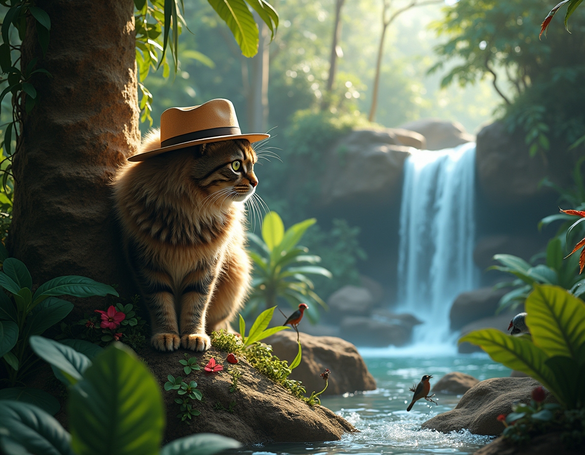 Cat wearing an explorer’s hat climbs a tree in a lush jungle. Waterfalls and dense greenery surround the scene, with sunlight filtering through the canopy.