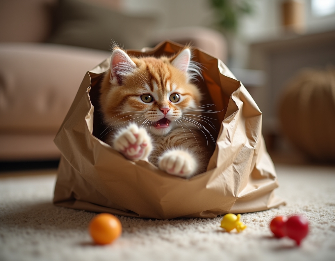 Cat hides partly inside a crumpled paper bag, with its paws playfully batting at the edges. The room features cozy decor with soft lighting and homey furniture.