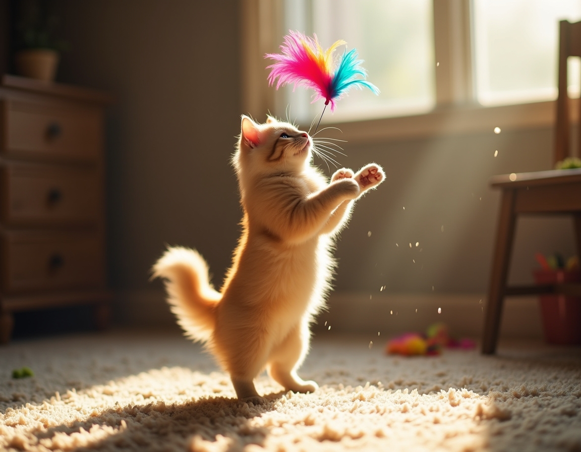 Cat leaps into the air, its paws reaching for a multicolored feather toy that flutters enticingly, bathed in golden sunlight in a cozy room.