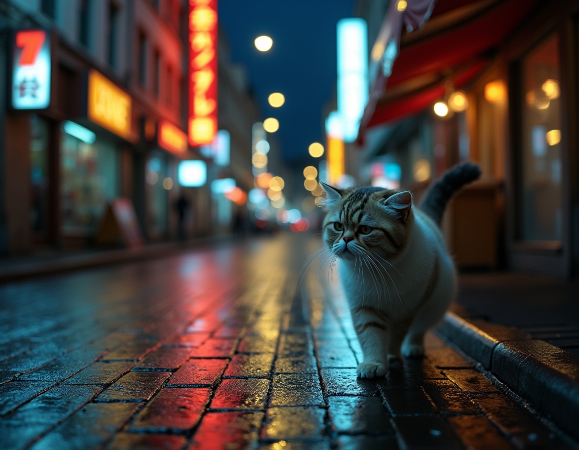 Cat walks through an illuminated cityscape, surrounded by vibrant lights and a serene vibe.