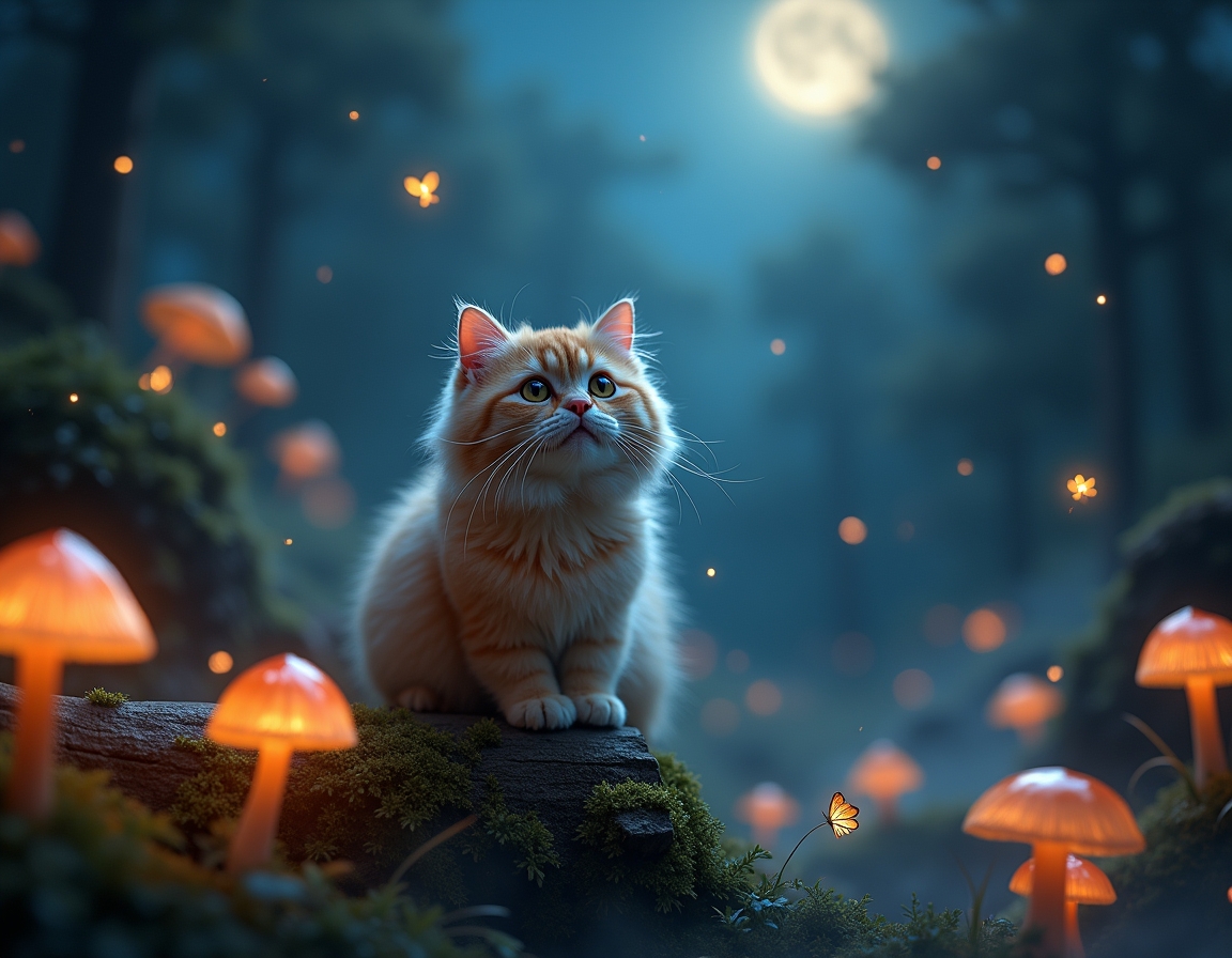 Cat explores a twilight forest alive with bioluminescent mushrooms, sparkling fireflies, and fluttering fairies. The scene captures a sense of enchantment and mystery under the soft glow of moonlight.