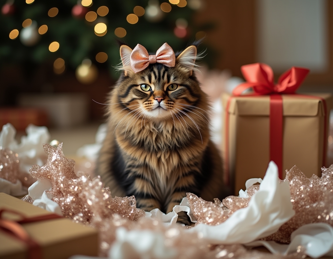 Playful cat surrounded by crumpled wrapping paper, ribbons, and empty boxes, with a shiny bow on its head. Christmas decorations and half-wrapped presents complete the festive scene.