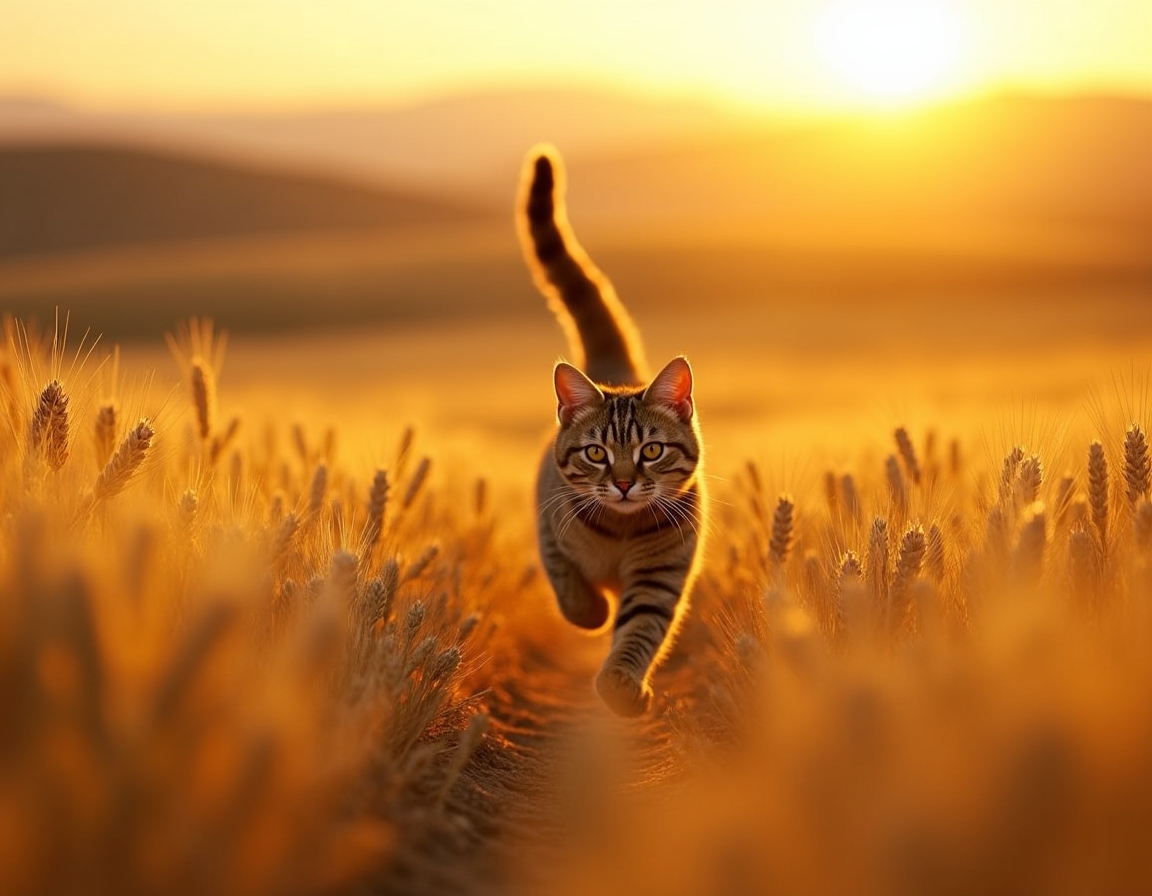 Cat sprints joyfully through a golden field, surrounded by waving wheat and warm light.