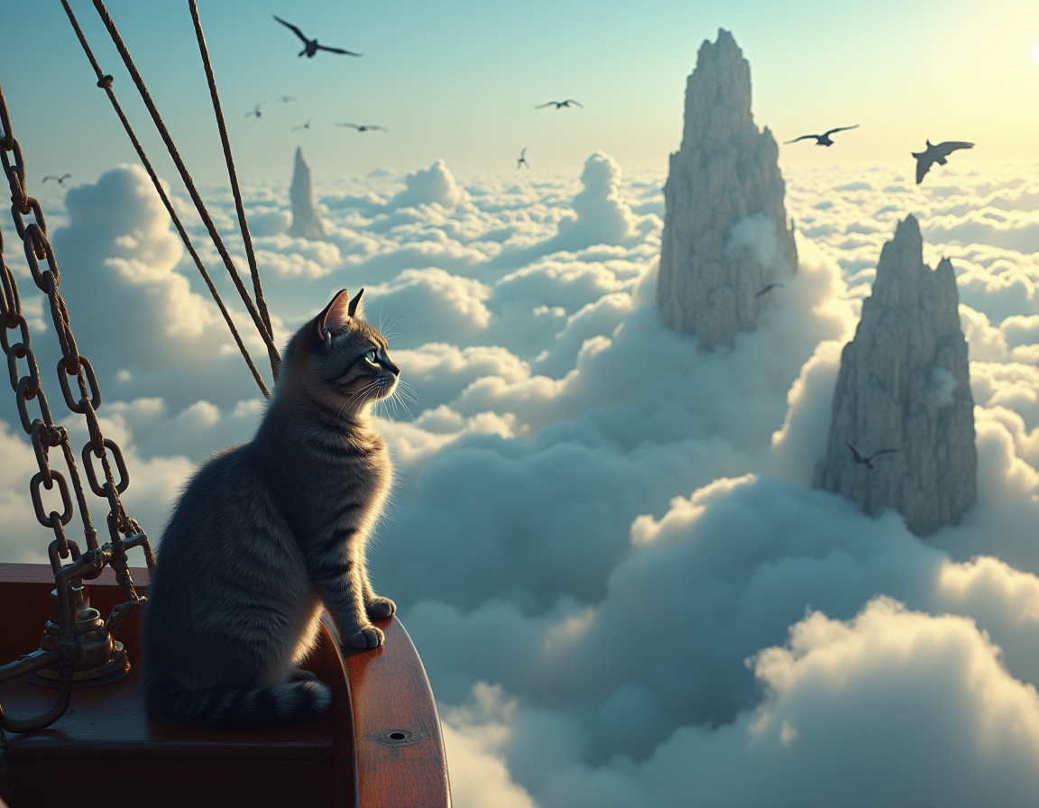 Cat captains a floating pirate ship that navigates between massive cloud-islands. Waterfalls spill over island edges, and mysterious winged creatures soar among the clouds, creating a thrilling, airborne fantasy voyage.