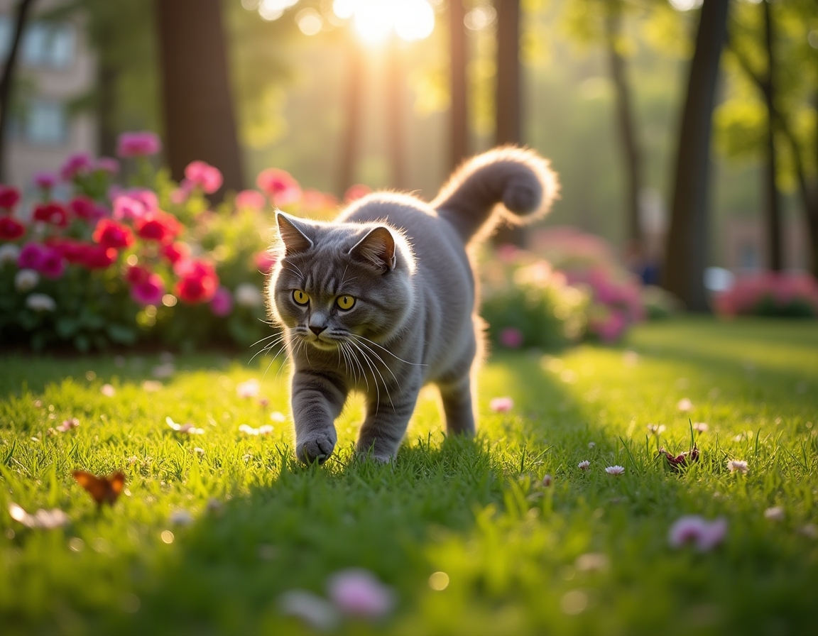 Cat enjoys a lively city park, playing and exploring the greenery amidst the urban backdrop.