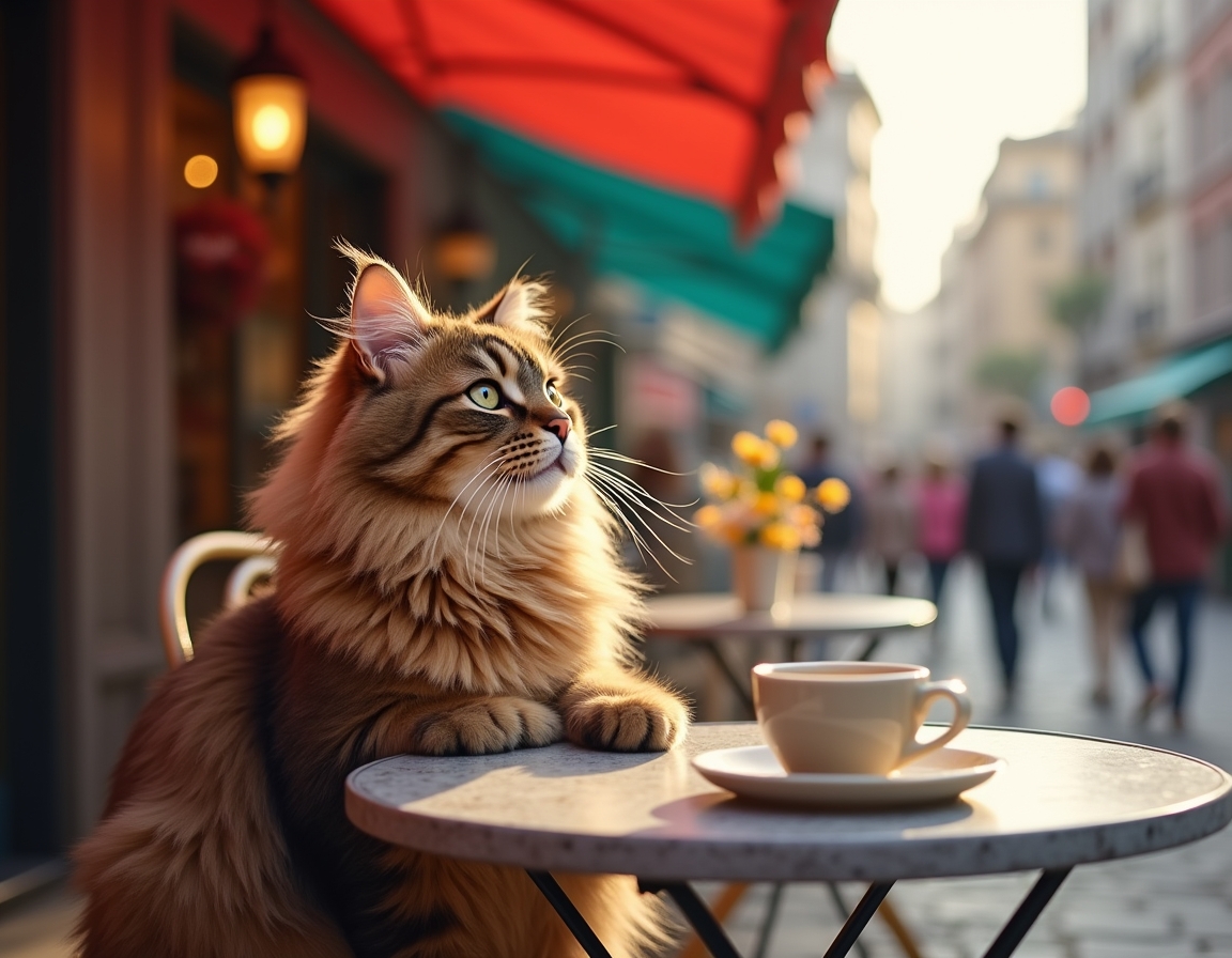 Cat sits contentedly at an outdoor cafe, enjoying the bustling streets and warm sunlight.