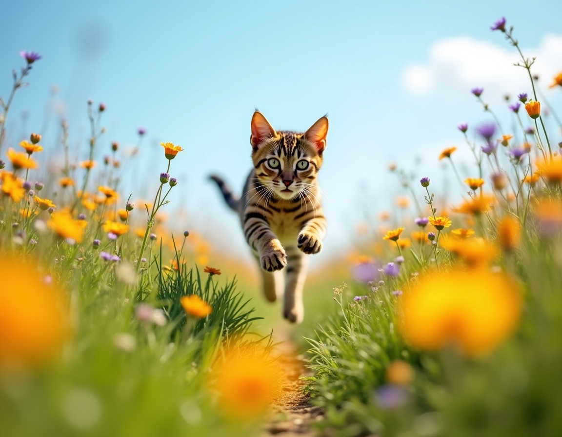 Cat enjoys the beauty of a flower-filled meadow, exploring the bright and colorful setting.