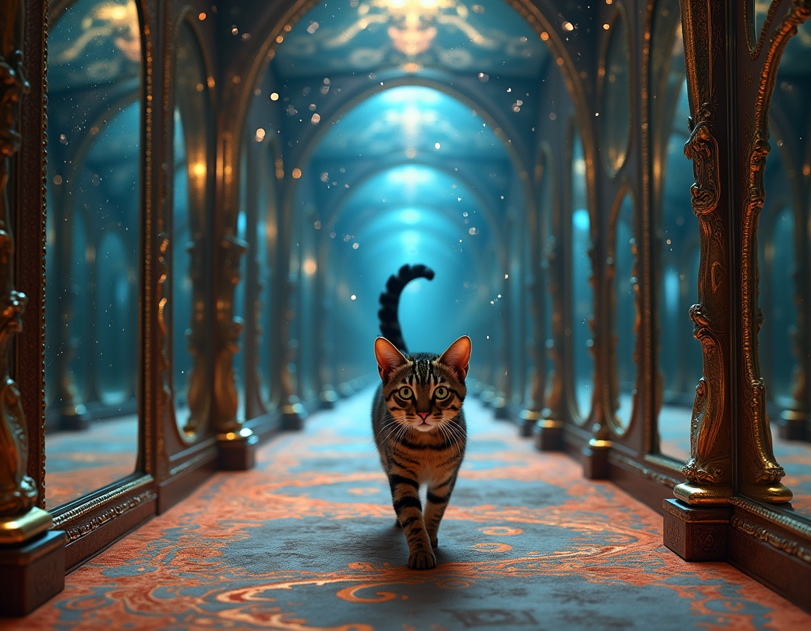 Cat navigates a maze where every surface is a magic-infused mirror, reflecting surreal visions and shifting illusions. Soft, colorful light accentuates each step, turning the labyrinth into a glittering puzzle filled with wonder and mystery.