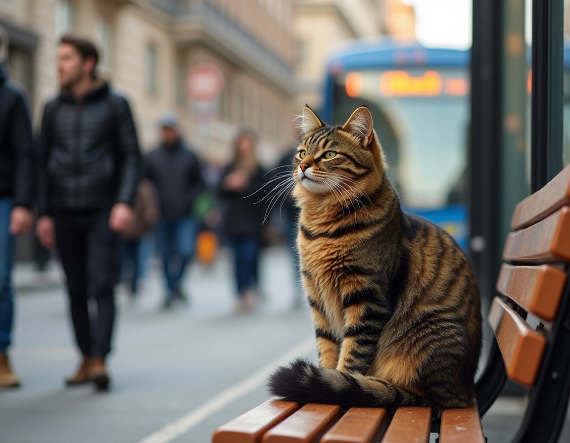 Cat observes the activity of a city bus stop, soaking in the energy of urban life.