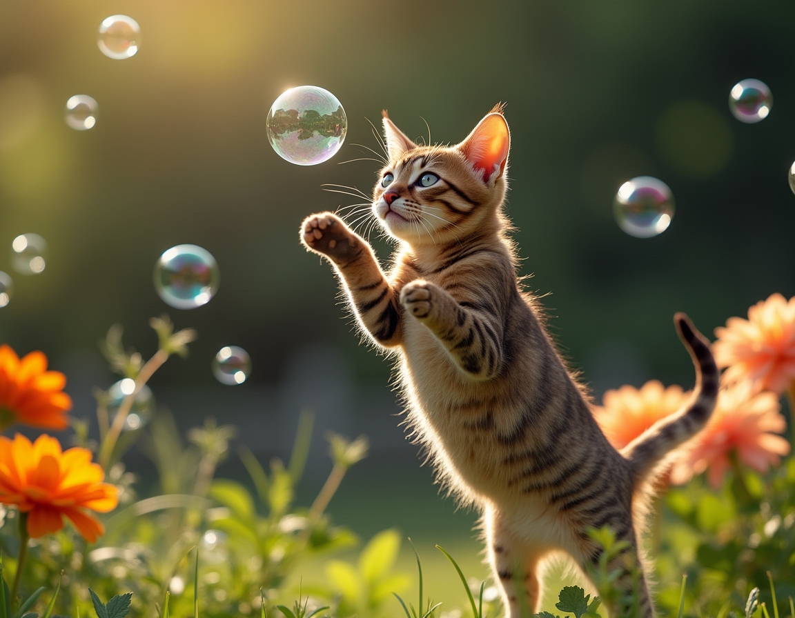 Cat leaps gracefully at a floating bubble, surrounded by a vibrant garden filled with flowers and greenery.