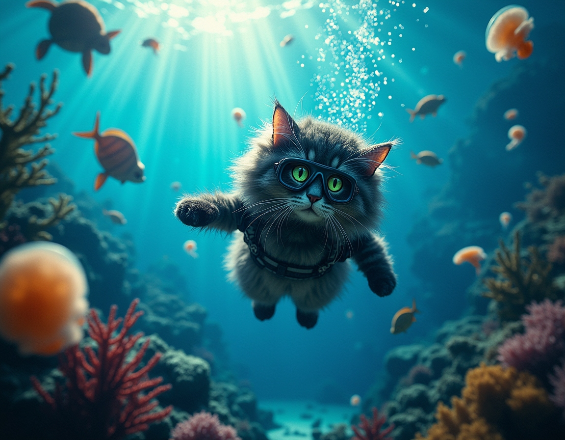 Cat in a wetsuit and diving mask swims through a vibrant underwater scene, surrounded by glowing jellyfish, colorful fish, and coral reefs illuminated by sunlight.