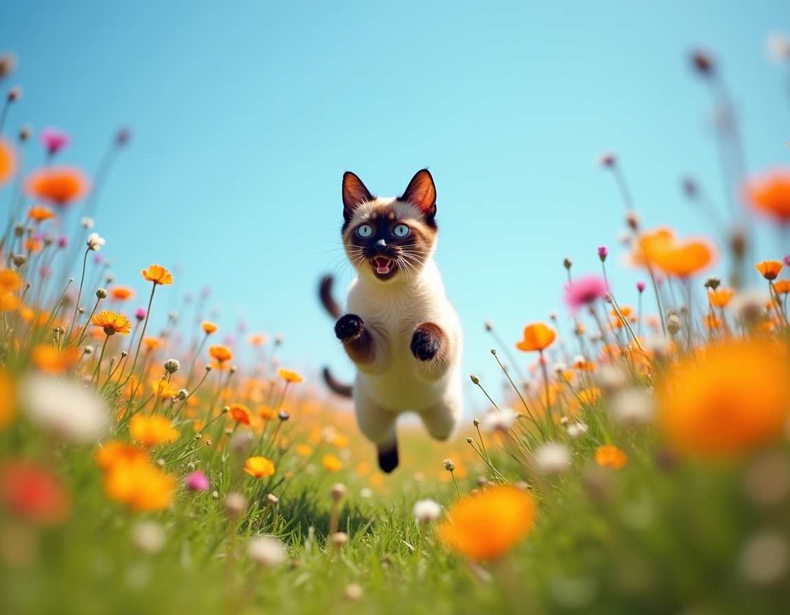 Cat enjoys the beauty of a flower-filled meadow, exploring the bright and colorful setting.