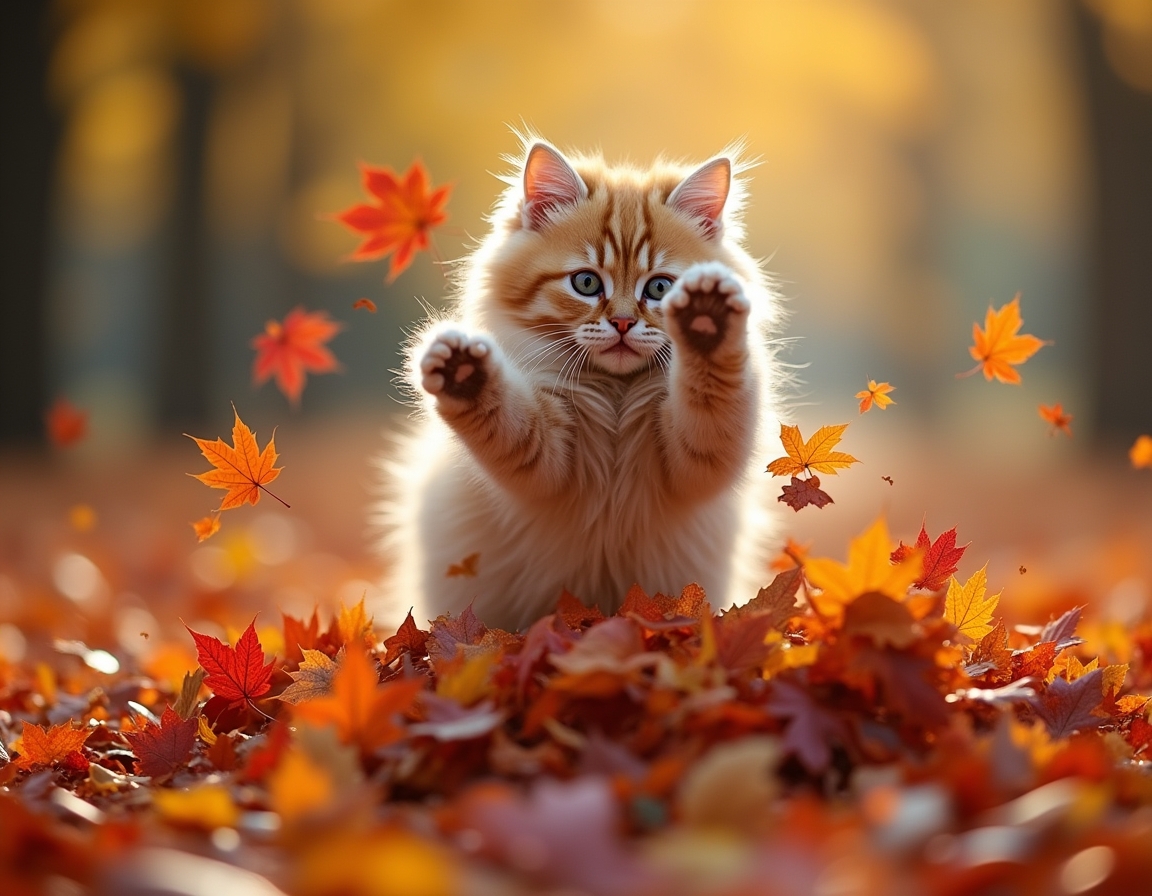 Cat jumps joyfully into a pile of autumn leaves, scattering vibrant colors and radiating playful energy.