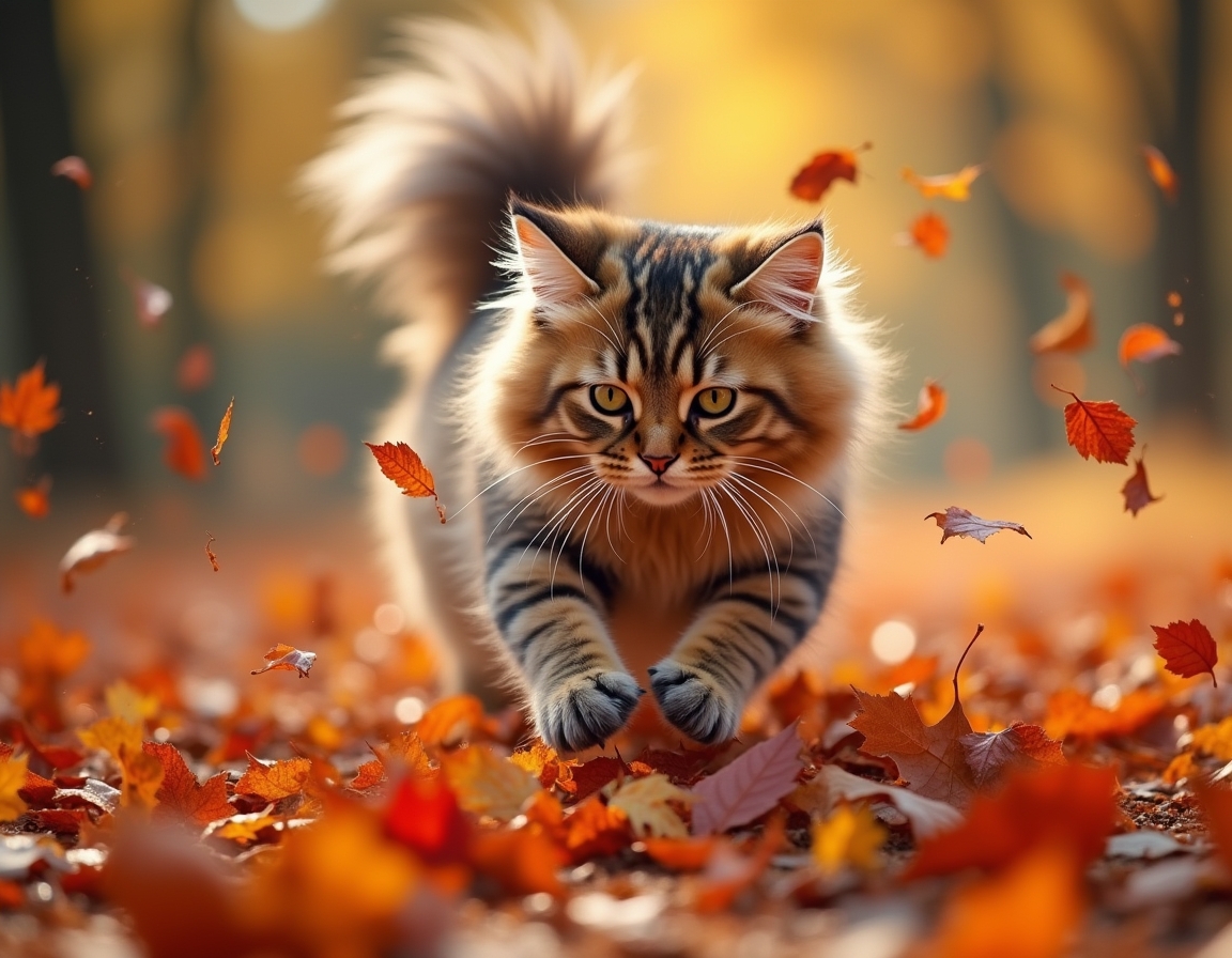 Cat jumps joyfully into a pile of autumn leaves, scattering vibrant colors and radiating playful energy.