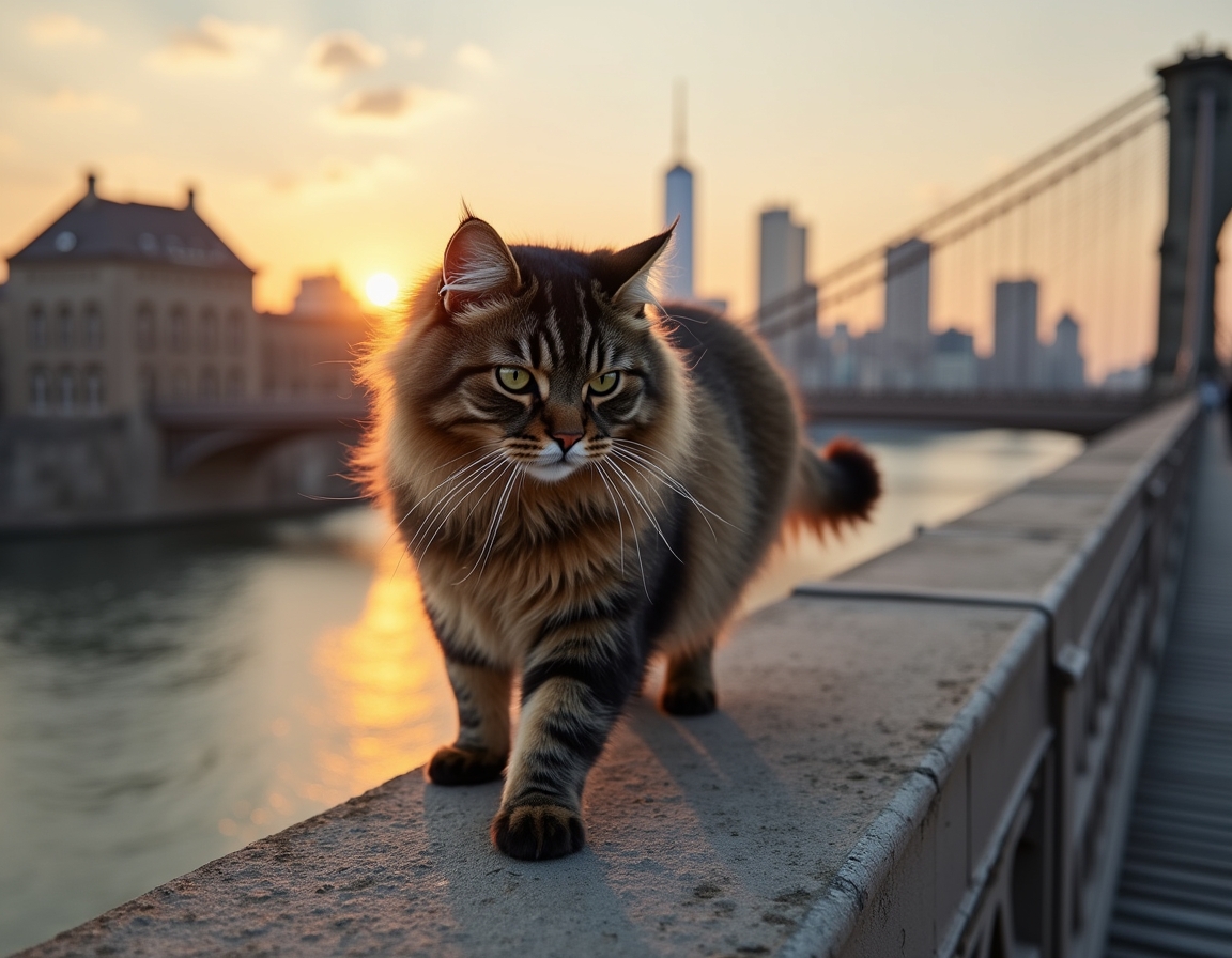 Cat explores a scenic urban bridge, taking in the breathtaking views of the skyline.
