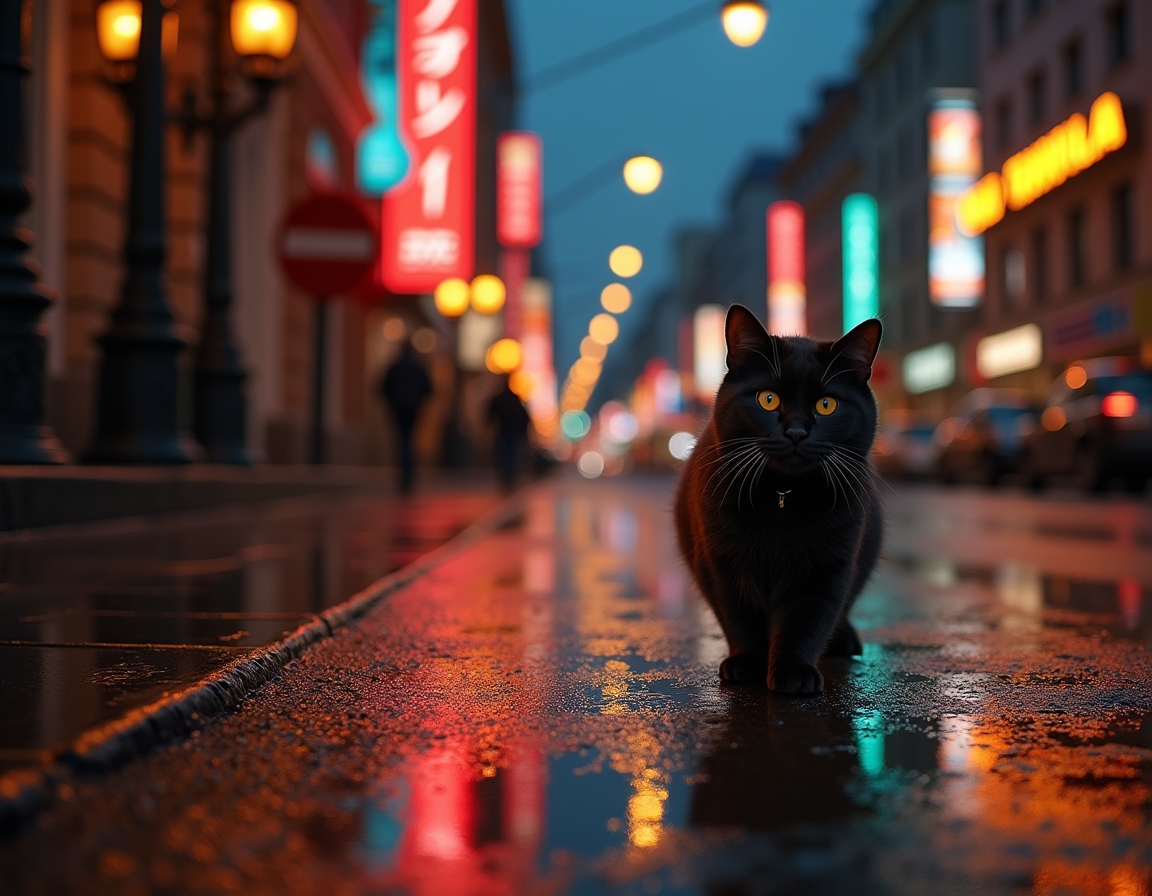 Cat walks through an illuminated cityscape, surrounded by vibrant lights and a serene vibe.