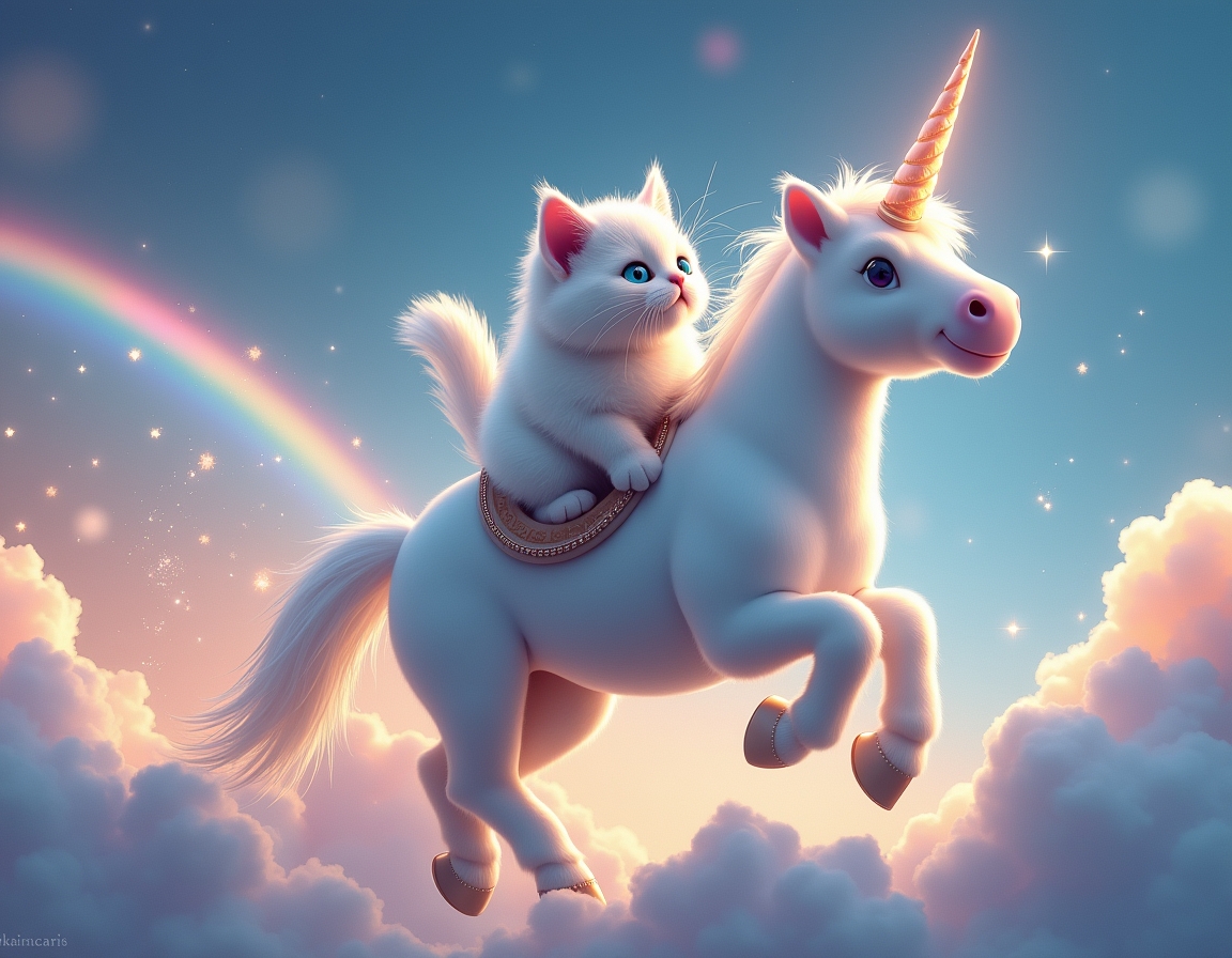 Cat rides a magical unicorn galloping across a rainbow, surrounded by glittering stars and fluffy clouds. The unicorn’s glowing horn creates a dreamy atmosphere.