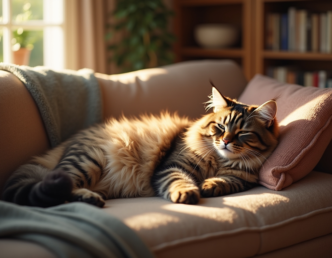 Cat sprawls lazily on a cozy couch, surrounded by decorative pillows and a draped blanket. Soft natural light from a window illuminates its fur, creating a calm, homely atmosphere.