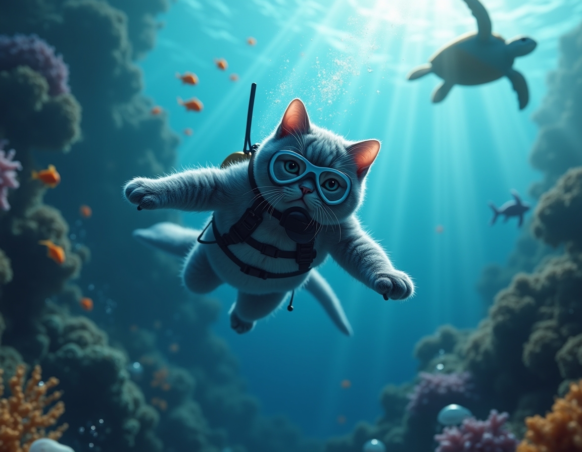 Cat in a wetsuit and diving mask swims through a vibrant underwater scene, surrounded by glowing jellyfish, colorful fish, and coral reefs illuminated by sunlight.