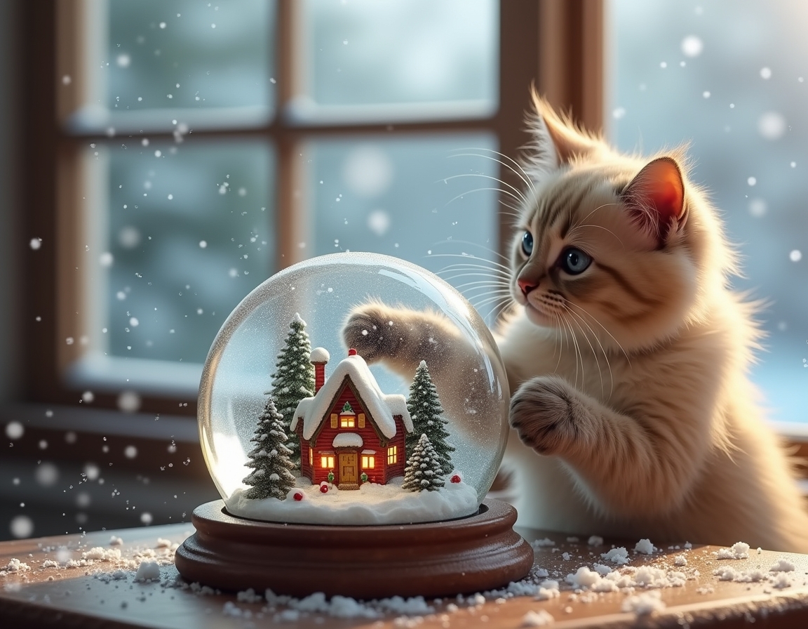 Playful cat bats at a snow globe on a table, mesmerized by the swirling snowflakes inside. The globe features a miniature Christmas village, while a snowy landscape is visible through the window in the background, enhancing the festive atmosphere.
