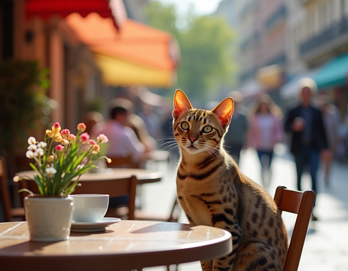Cat sits contentedly at an outdoor cafe, enjoying the bustling streets and warm sunlight.