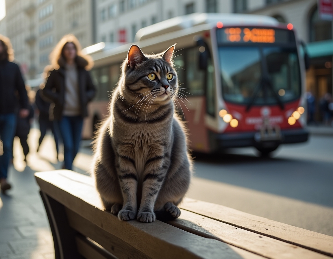 Cat observes the activity of a city bus stop, soaking in the energy of urban life.