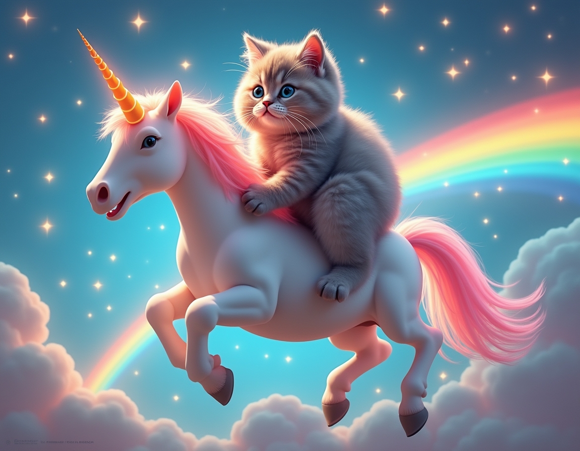 Cat rides a magical unicorn galloping across a rainbow, surrounded by glittering stars and fluffy clouds. The unicorn’s glowing horn creates a dreamy atmosphere.