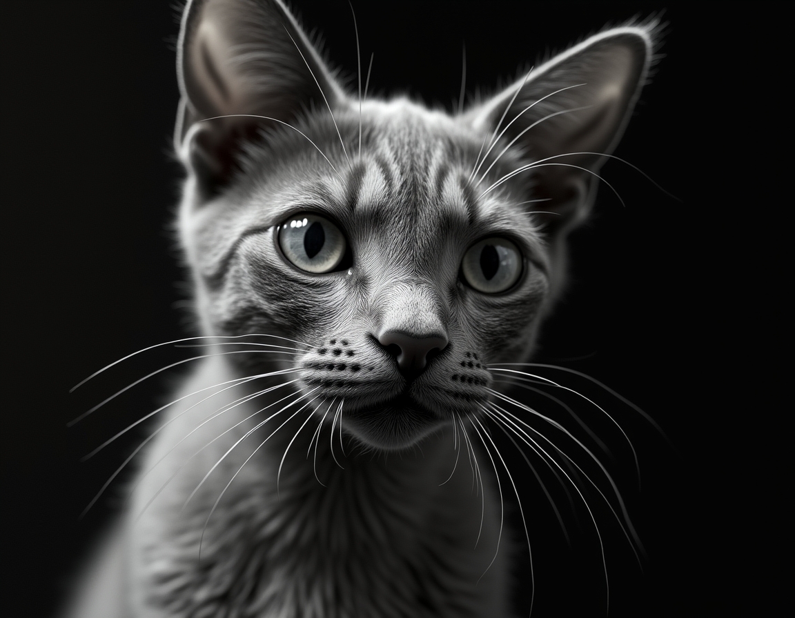 Close-up black and white studio portrait of a cat’s face, lit with soft diffused light. Every whisker, eyelash, and fur strand is rendered in hyper-detailed monochrome.