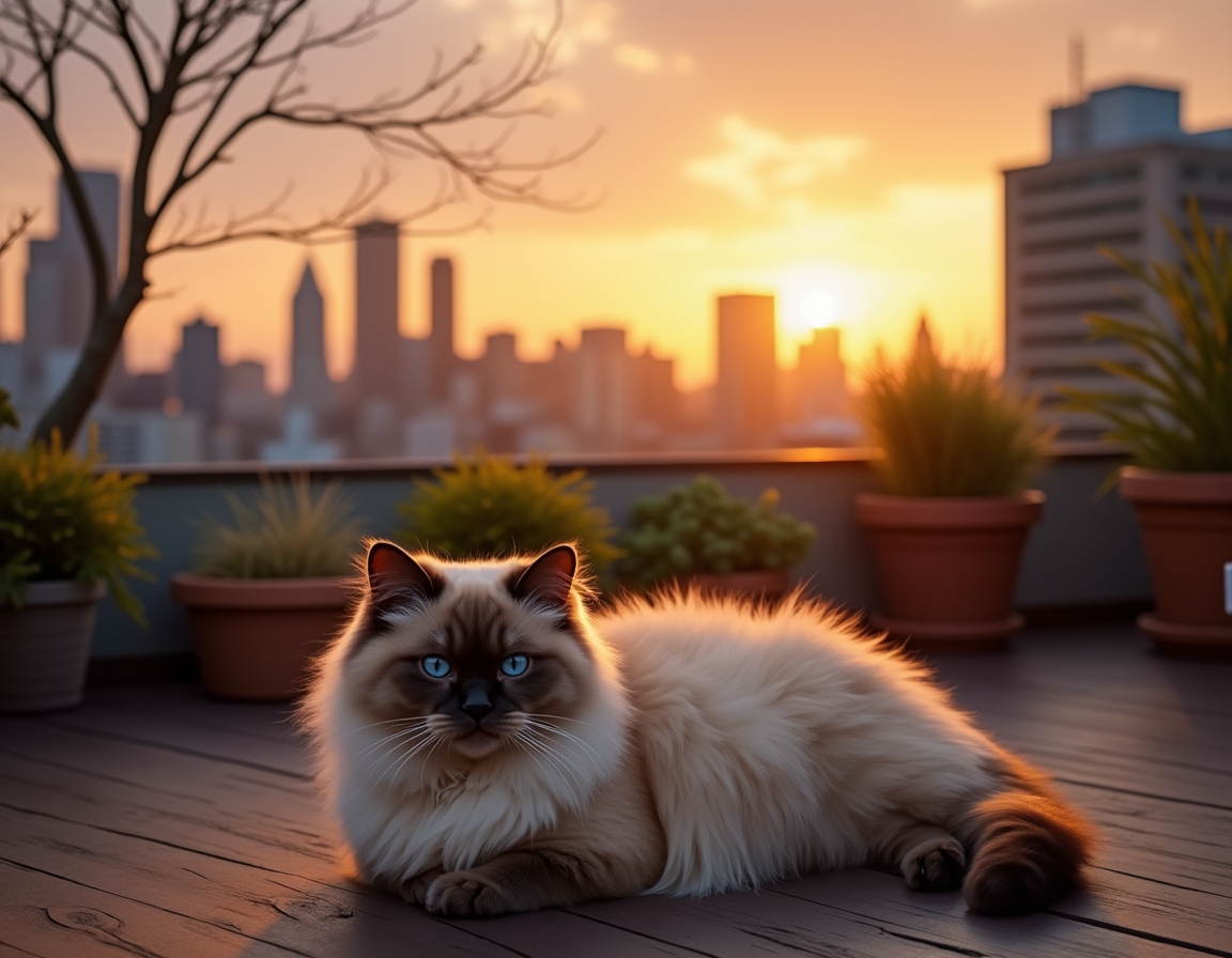 Cat relaxes on a rooftop terrace, enjoying the serenity above the urban buzz.