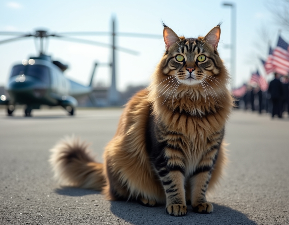 Cat braves the rotor wash beside Marine One, capturing a thrilling presidential travel send-off.