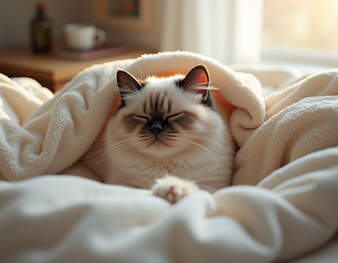 Cat is nestled under soft blankets on a bed, its eyes half-closed in peaceful relaxation. Morning sunlight streams through a nearby window, highlighting the soft textures of the bedding.