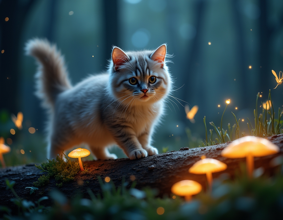 Cat explores a twilight forest alive with bioluminescent mushrooms, sparkling fireflies, and fluttering fairies. The scene captures a sense of enchantment and mystery under the soft glow of moonlight.