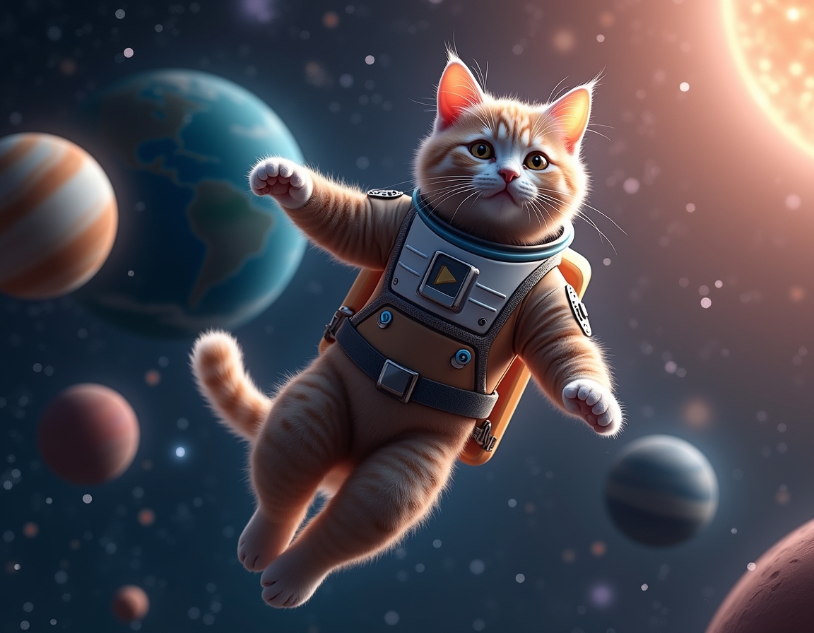 Cat floats weightlessly in space, wearing a high-tech spacesuit. Vibrant planets, shining stars, and distant nebulae create a stunning cosmic backdrop.