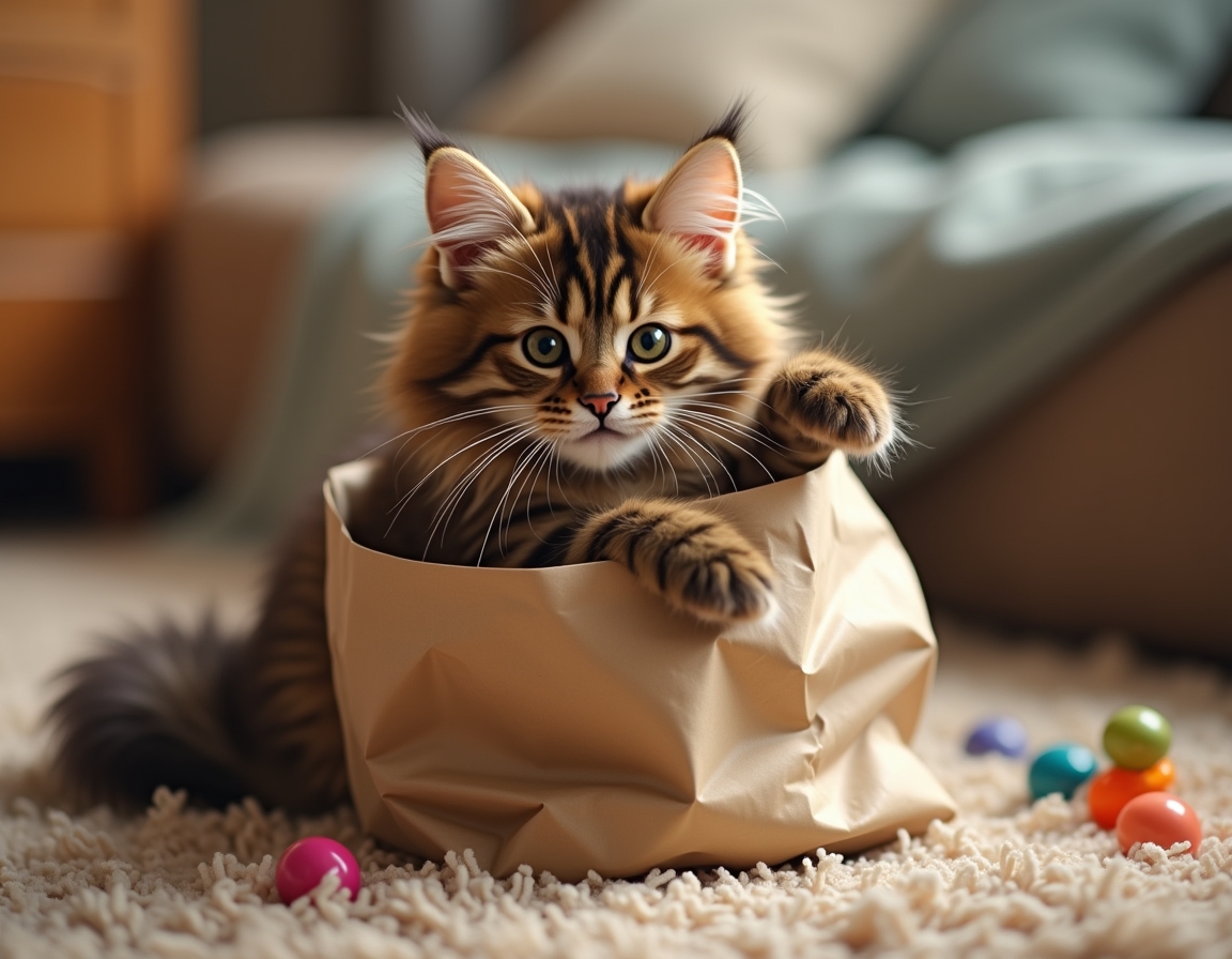 Cat hides partly inside a crumpled paper bag, with its paws playfully batting at the edges. The room features cozy decor with soft lighting and homey furniture.
