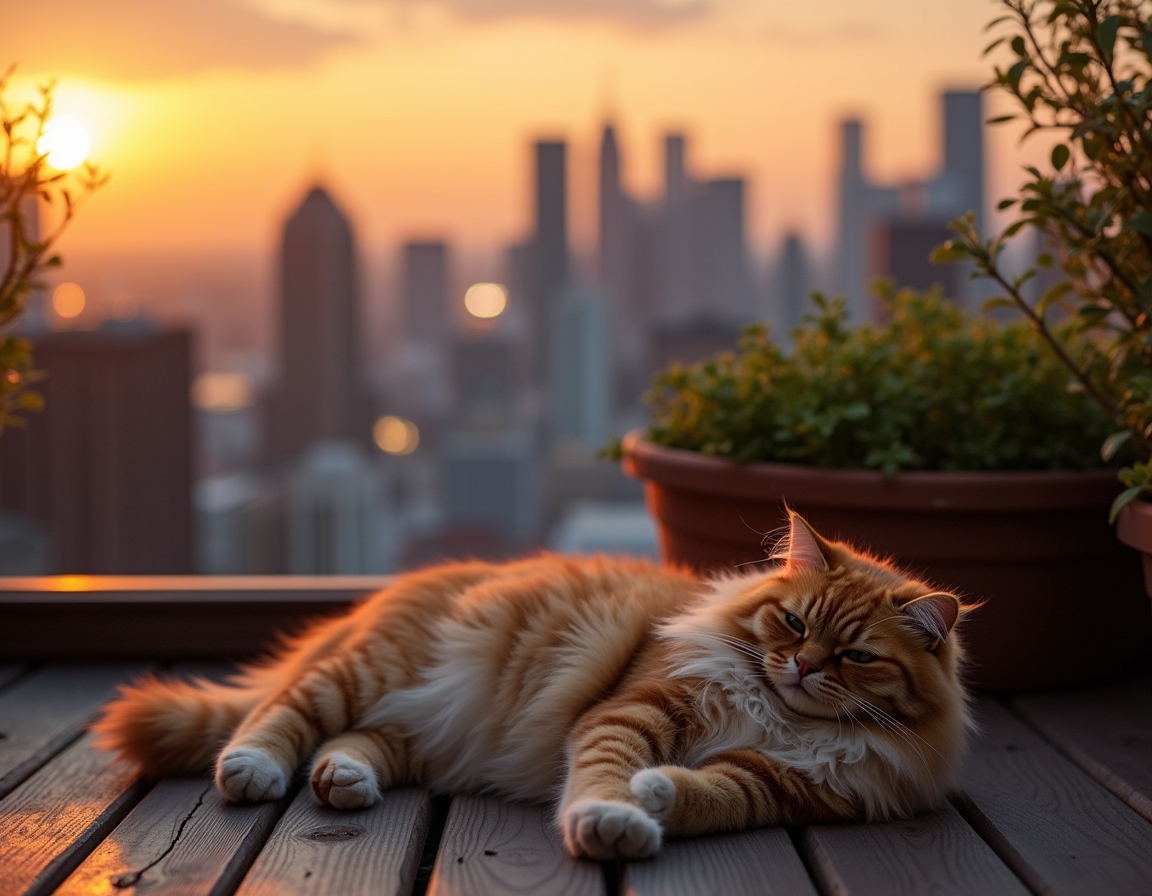 Cat relaxes on a rooftop terrace, enjoying the serenity above the urban buzz.